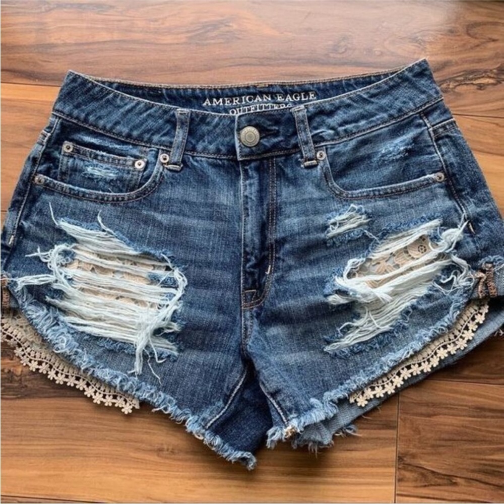 American Eagle Outfitters high rise festival Distressed Blue Denim Shorts 6
